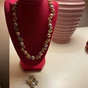 Cowrie shells and pearl necklace and earrings